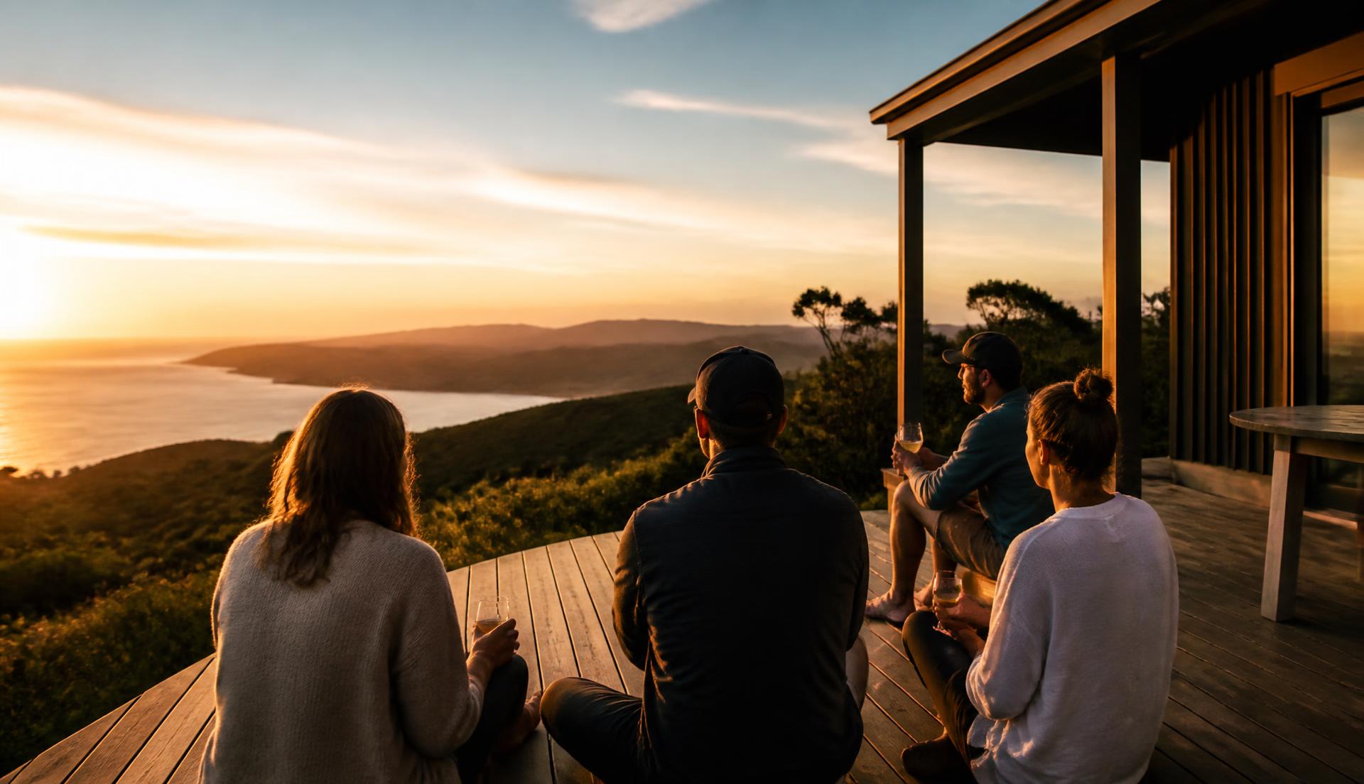 The travellers back at their accommodation on the deck at sunset