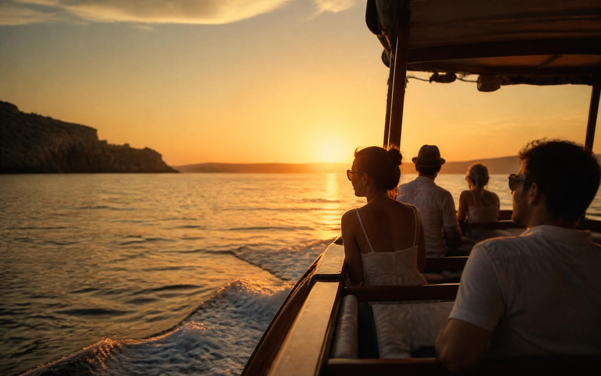 Travellers aboard a sunset cruise on a calm coast