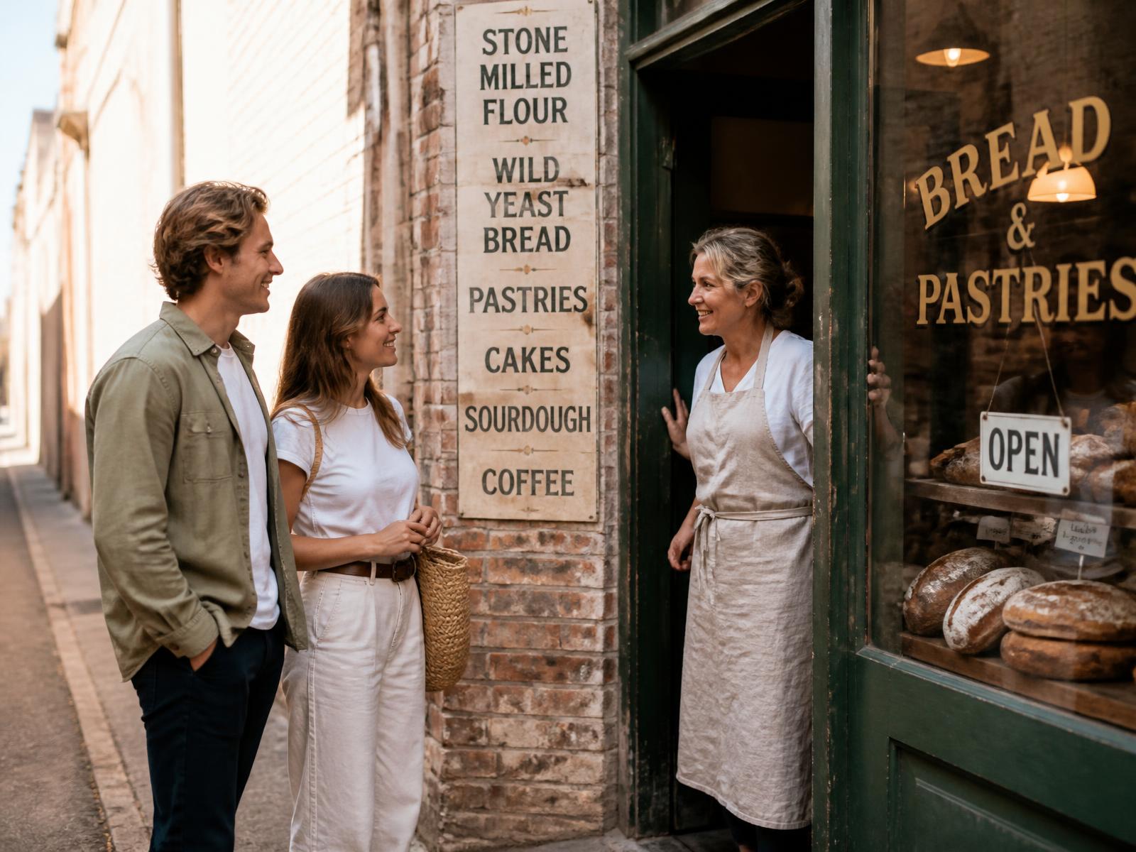 A young couple discovering a small bakery down a laneway in a regional town as the owner welcomes them at the door