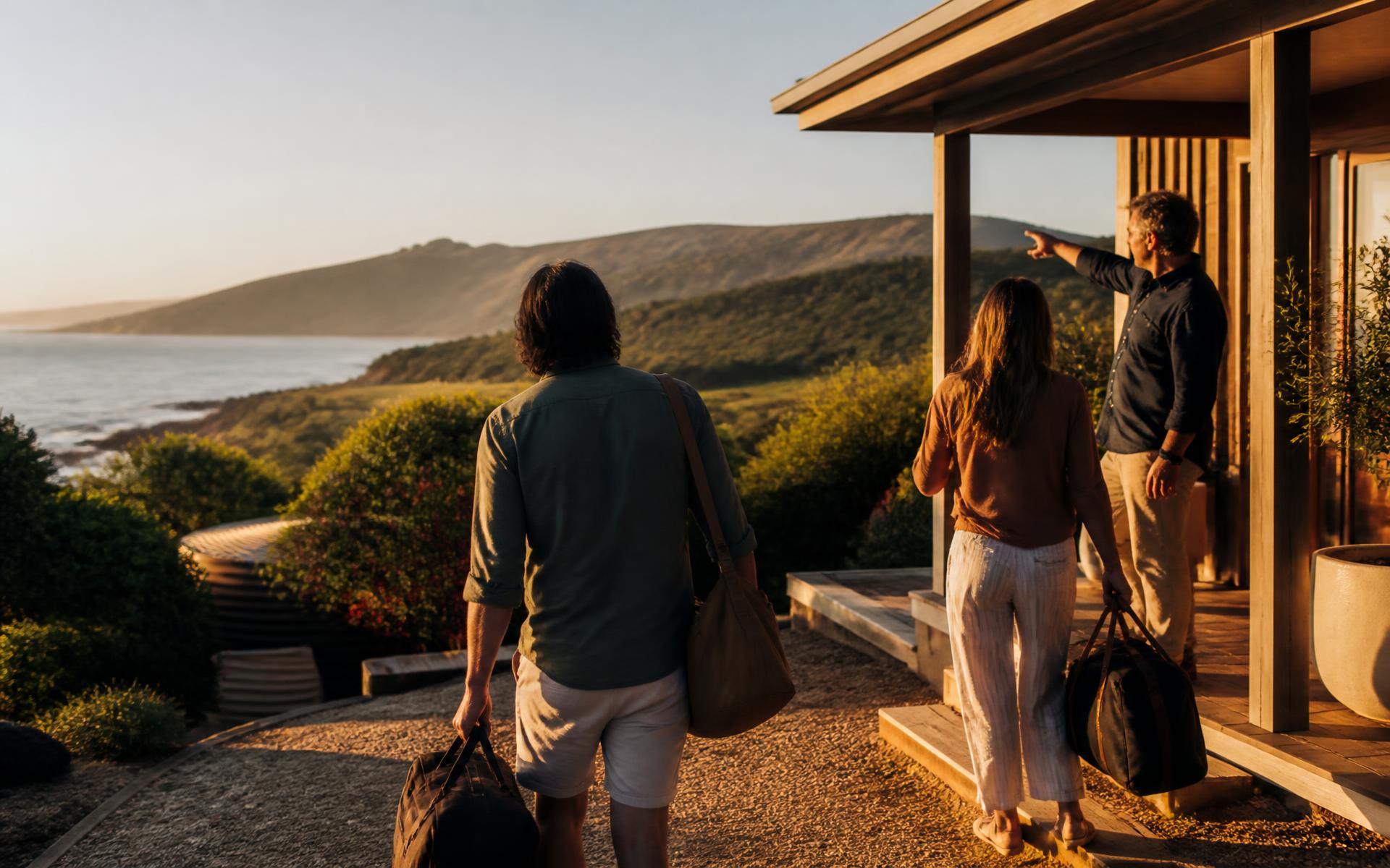 Guests arriving at a regional holiday cabin at golden hour while the host points out the surrounding coastline