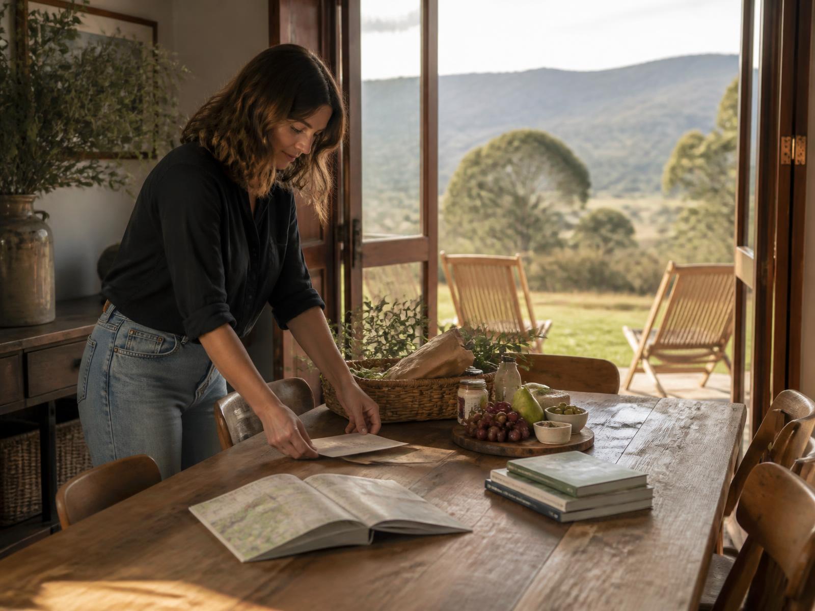 A host arranging local produce, a regional map, walking guides and a handwritten note on the dining table before guests arrive
