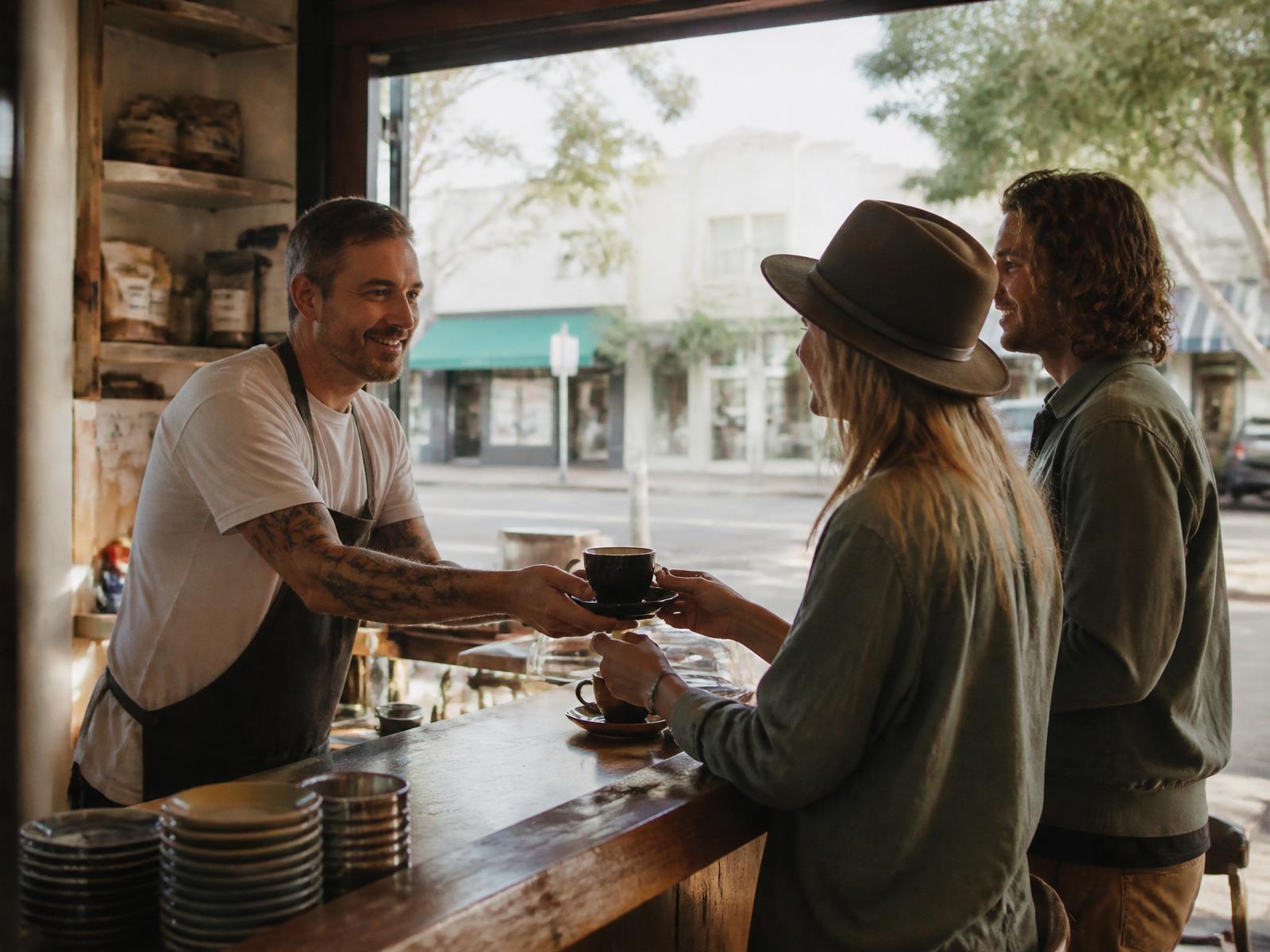 A café owner passing coffees across the counter to two travellers on a regional main street