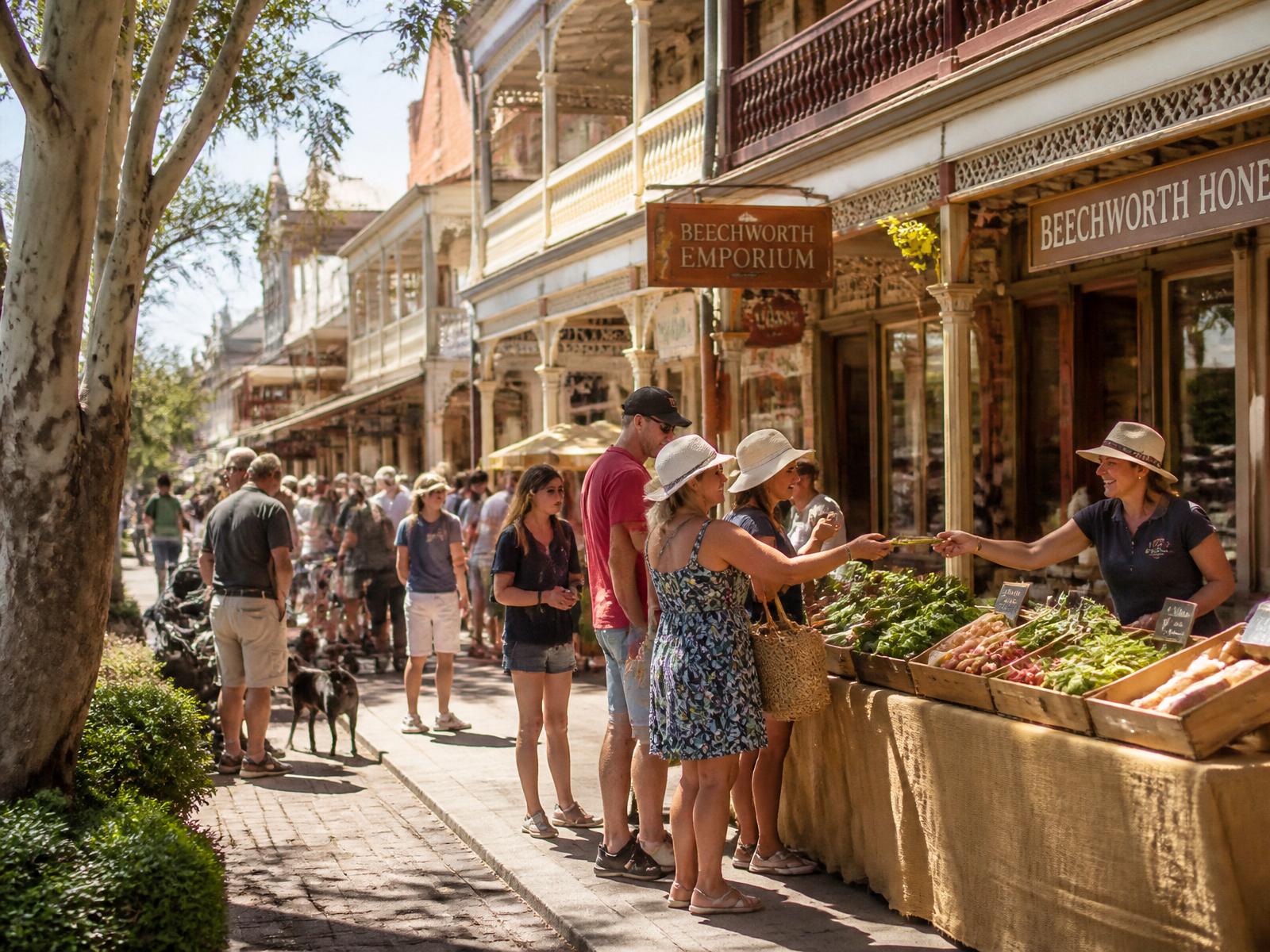 A lively regional main street with cafés, boutique shops and market stalls as families browse and a stallholder serves a visitor