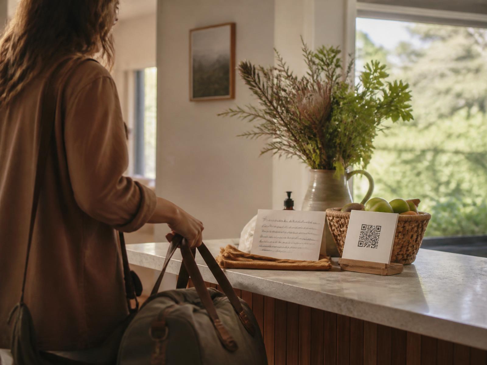 A welcome bench inside a holiday home with native flowers, local produce, a handwritten note and a small Welcome Point card stand as a guest sets down their bag
