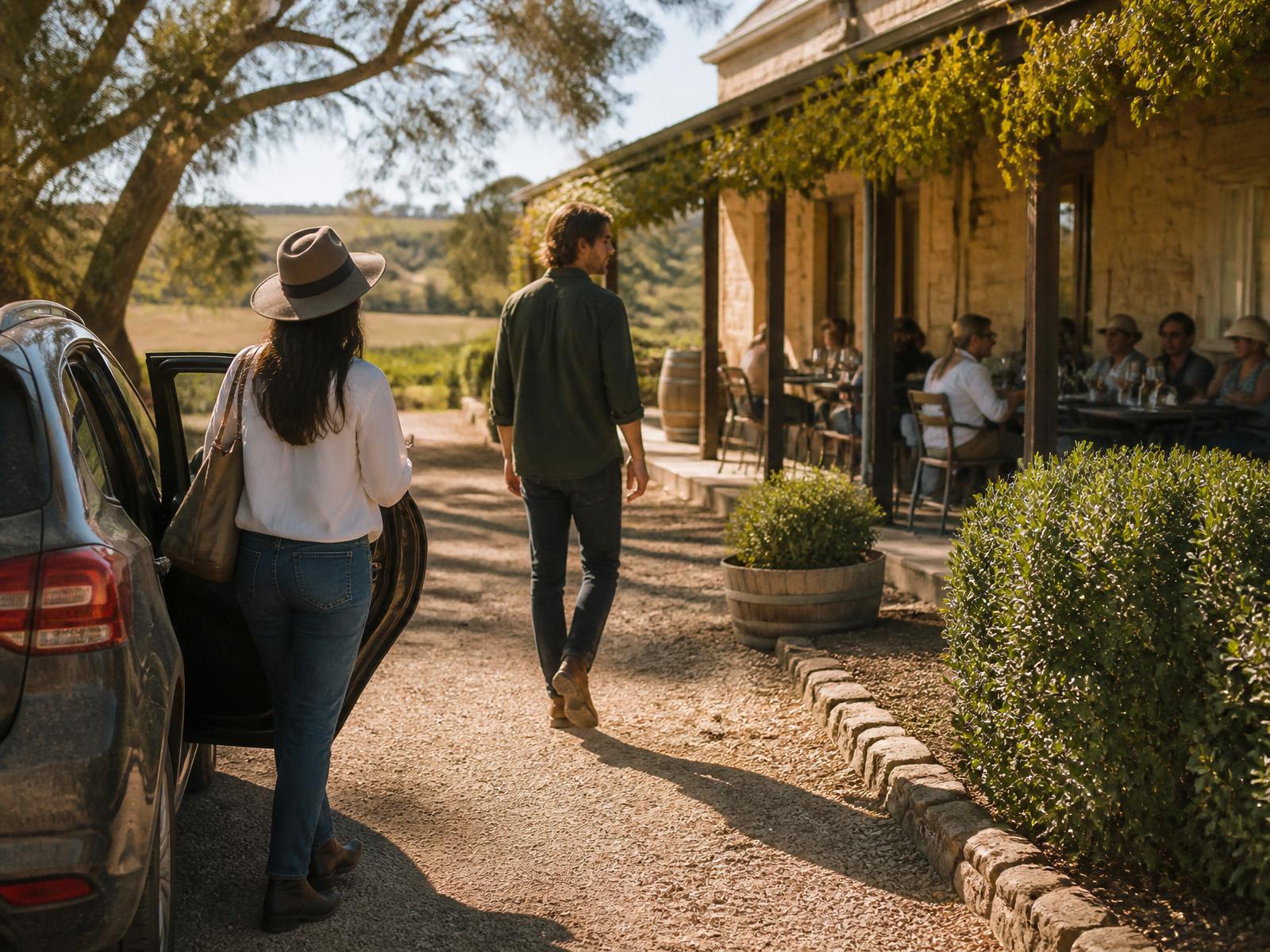 Travellers arriving at a country cellar door for lunch, with guests already dining on the verandah