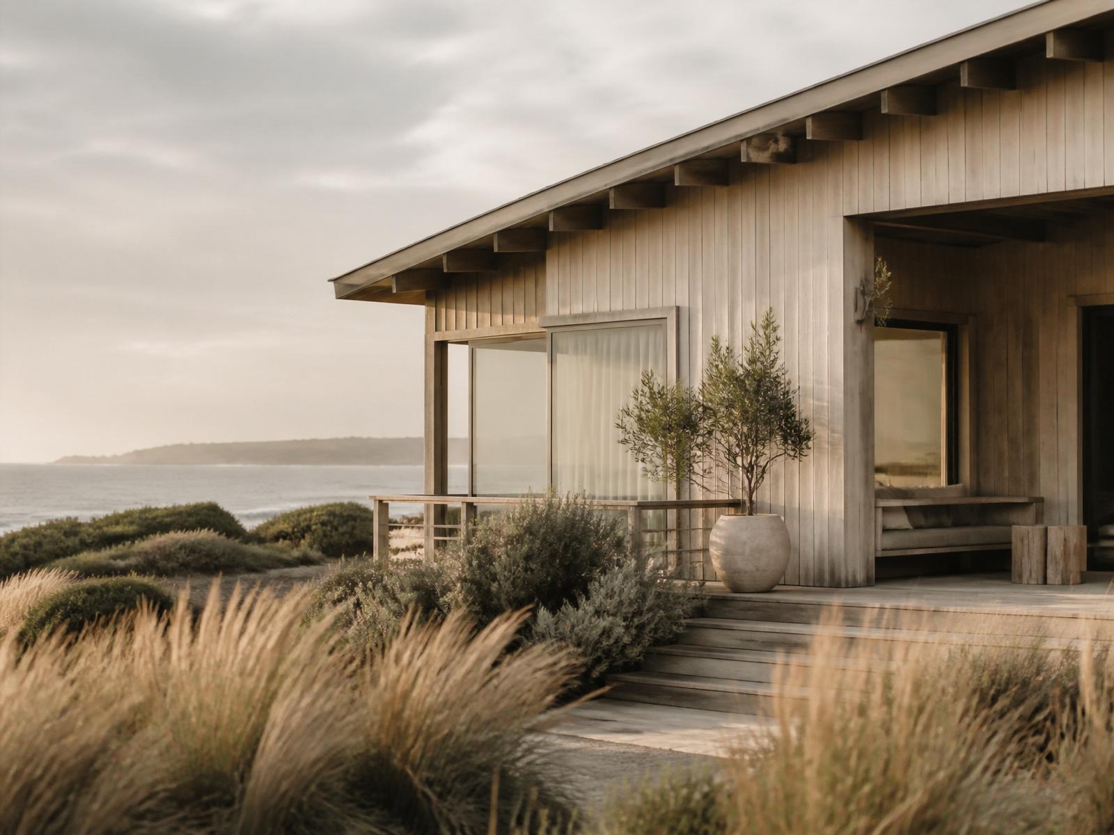 Salt House. A timber-clad coastal home at Flinders, looking out across sea grasses to Bass Strait.