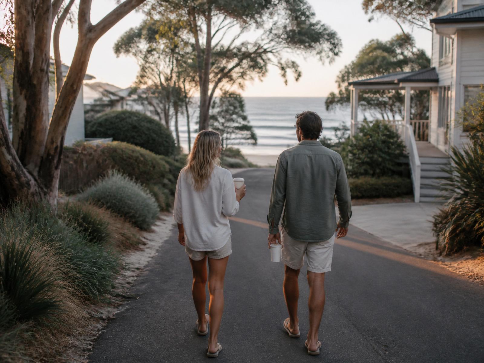 A couple walking down a quiet coastal lane towards the beach with coffee in hand early in the morning