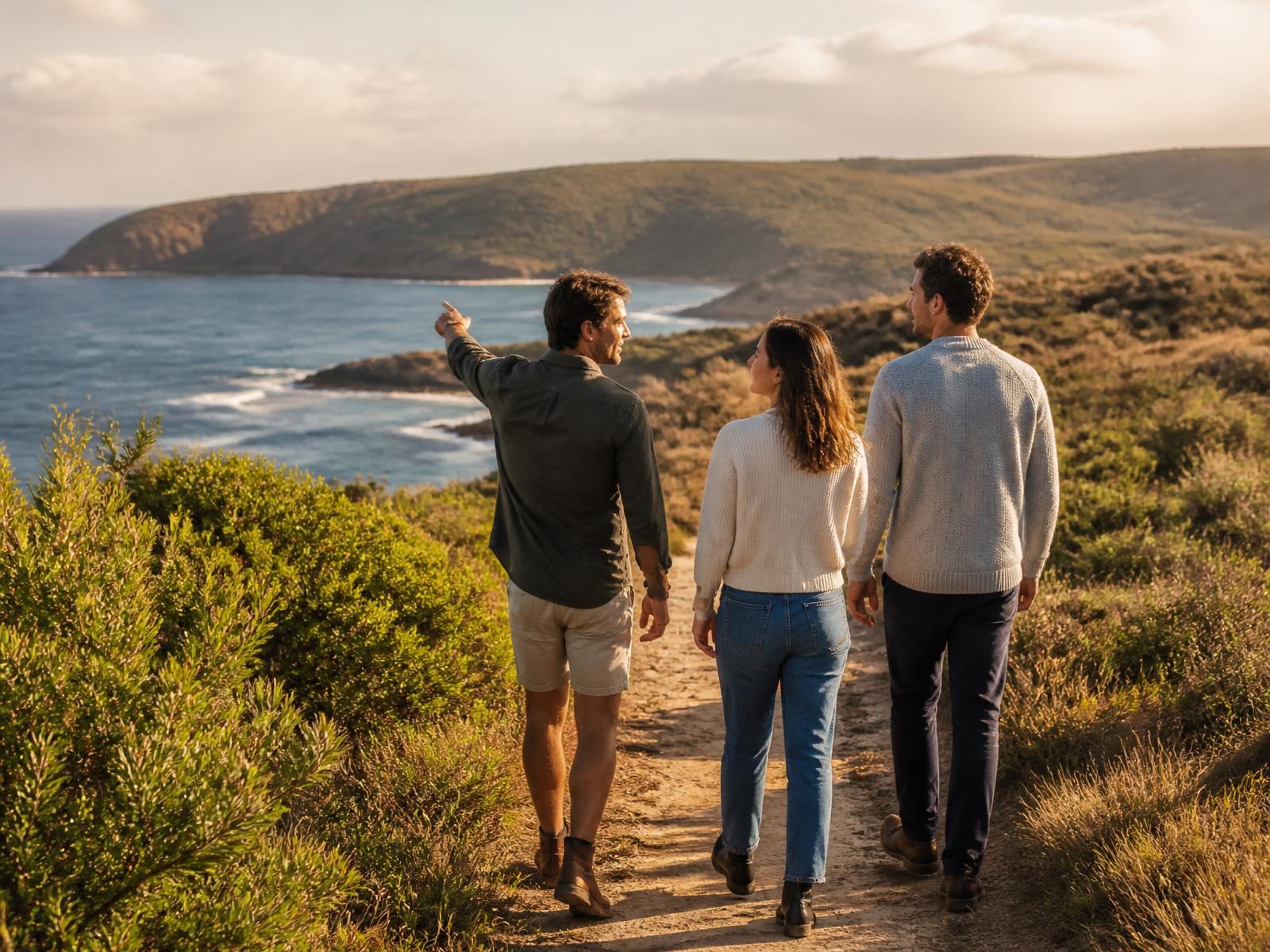 A host walking with newly arrived guests along a headland path, pointing out a bay in warm afternoon light