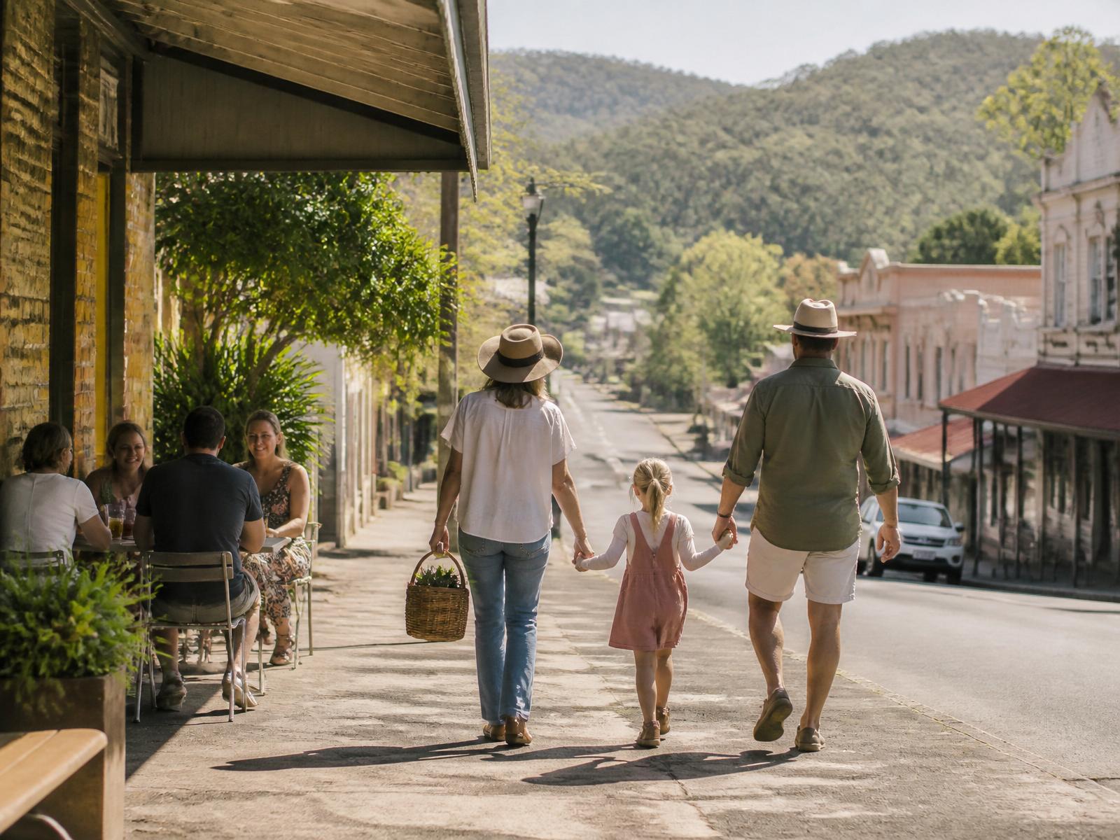 A family walking into a regional town centre in morning light, passing a cafe with outdoor tables as the street opens ahead of them
