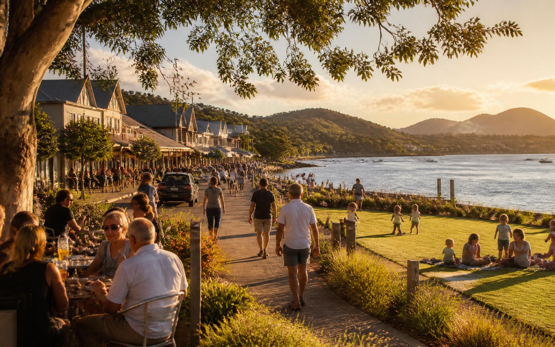 A regional waterfront precinct at golden hour with people dining outdoors, families on the grass and visitors walking beside the bay