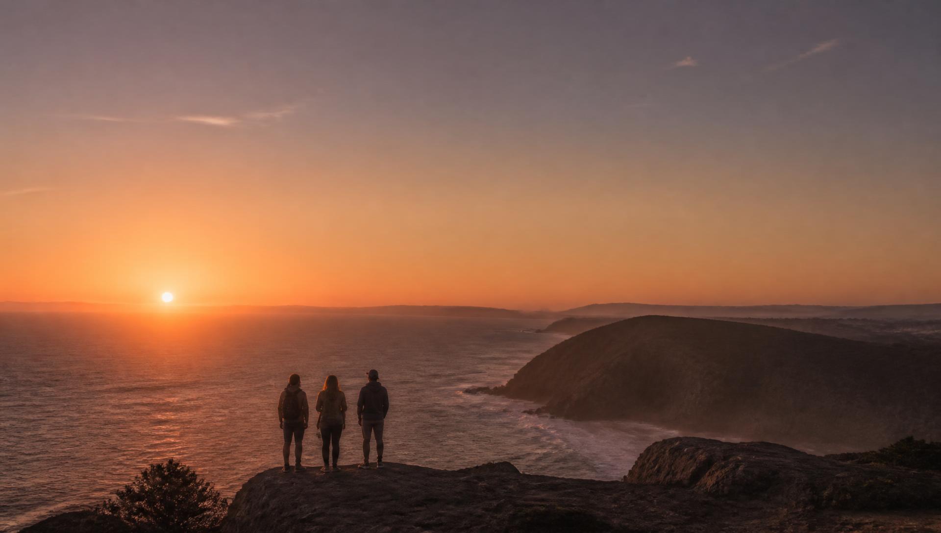 Travellers standing together on a headland watching the sun set over the ocean.