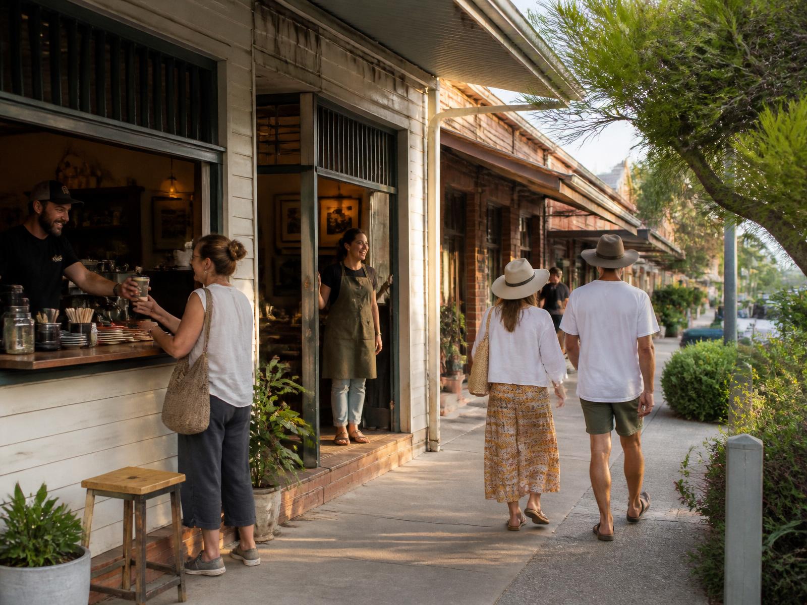 Travellers moving between independent cafes and shops on a regional main street as a shopkeeper welcomes visitors from her doorway