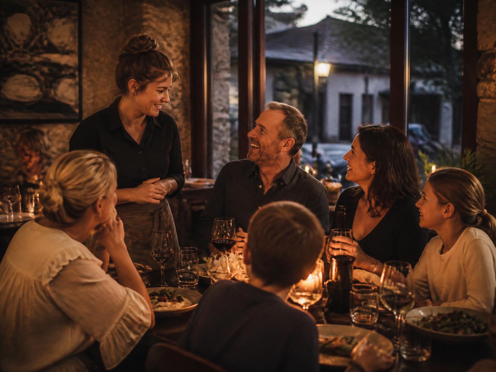 A family and friends sharing dinner by candlelight at a local restaurant while the owner stops by the table to talk
