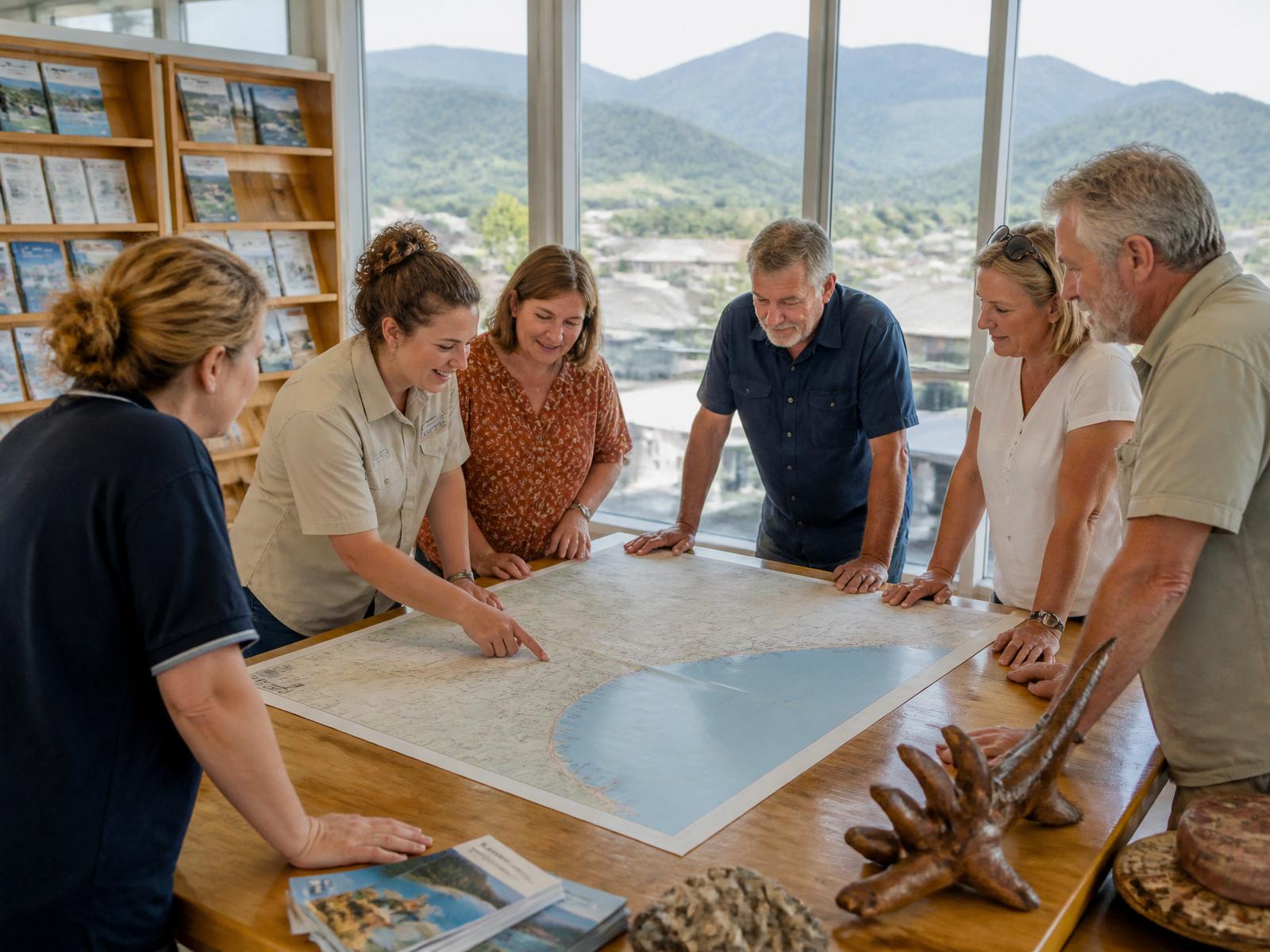 Tourism staff, accommodation owners and local business people gathered around a large printed regional map at a visitor centre