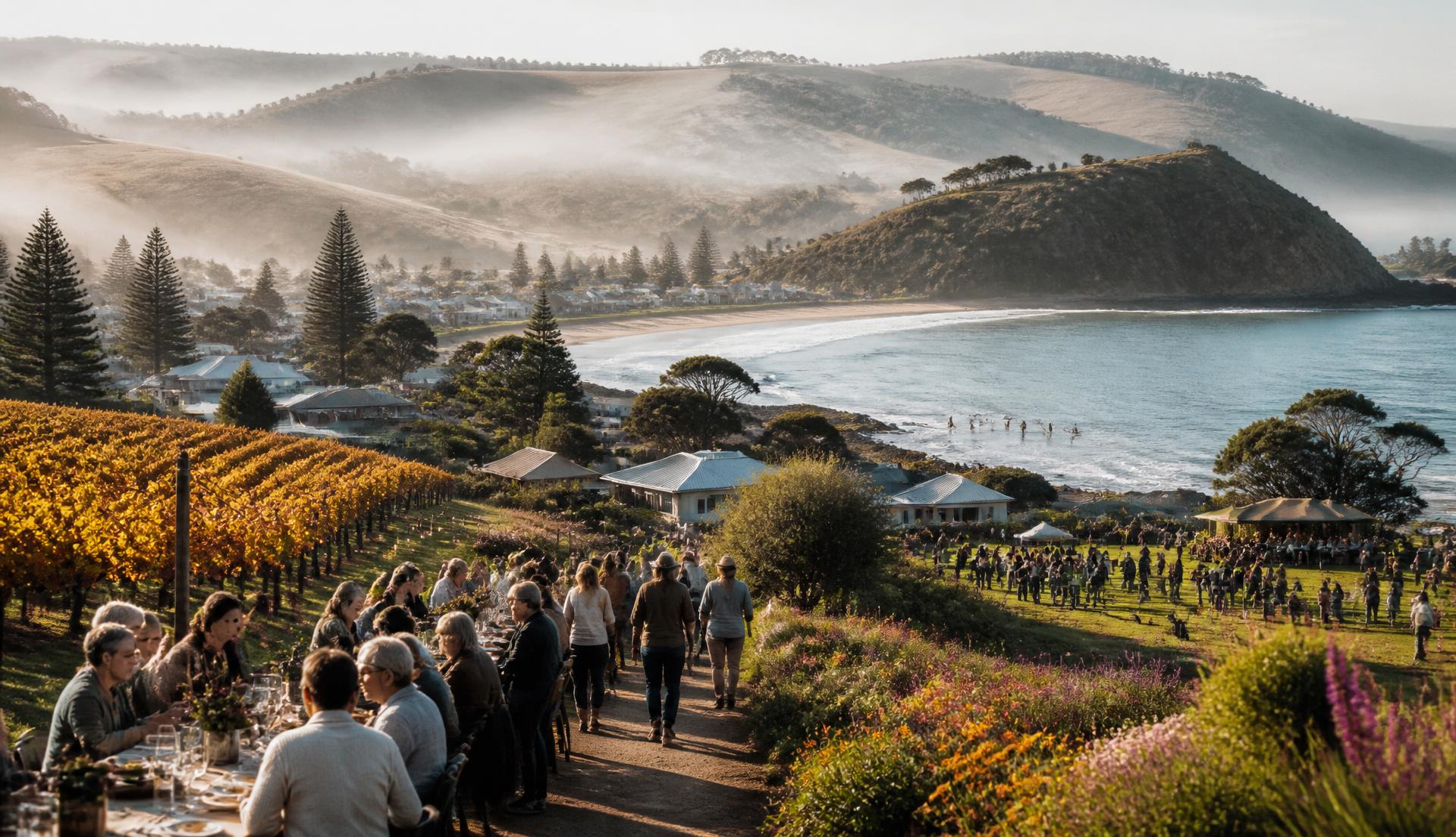 One coastal region through the seasons, with swimmers in the bay, an autumn long-table event above the vines, misty winter hills and spring wildflowers