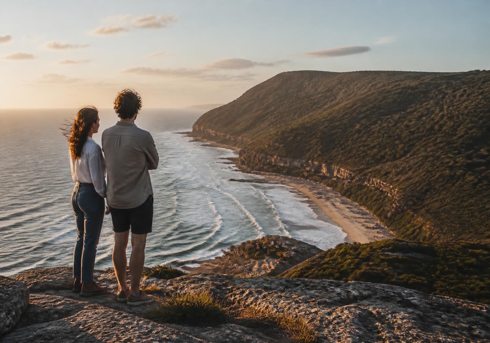 A couple at a coastal lookout at golden hour, taking in the view.