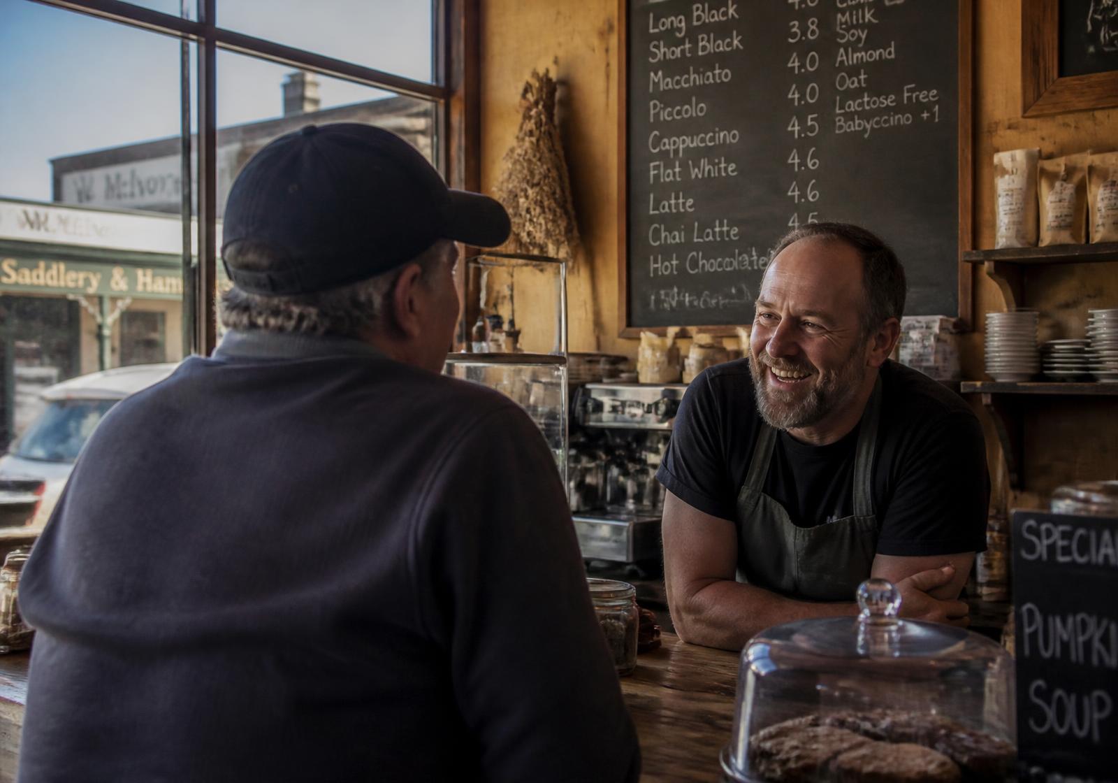 A cafe owner greeting a regular customer in a small country town.