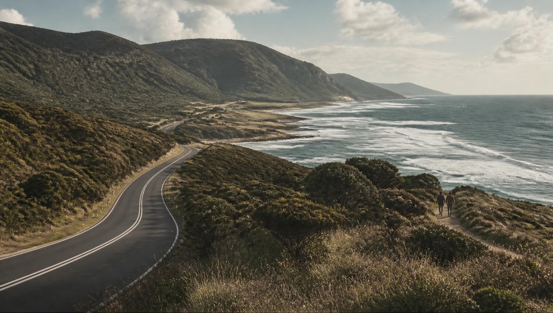 A coastal road and walking track threading through an Australian landscape.